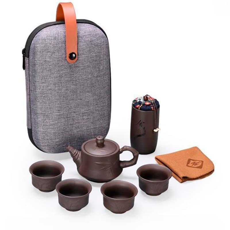 Дорожній набір для чаювання у футлярі сірий чайник Бамбук на 240мл та 4 піали по 50мл