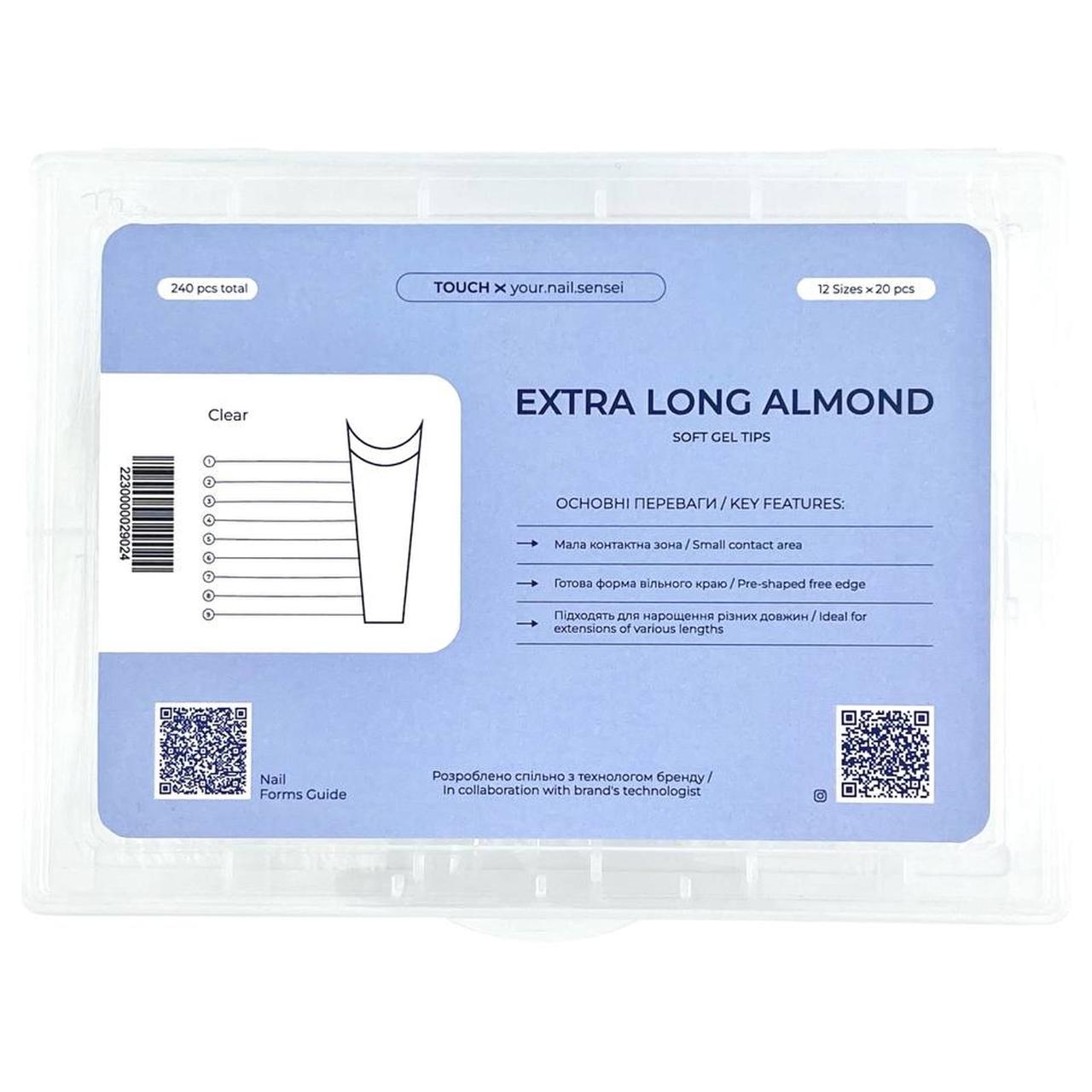Гелеві типси для нарощування нігтів TOUCH Extra Long Almond, 240 шт. прозорі