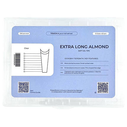 Гелеві типси для нарощування нігтів TOUCH Extra Long Almond, 240 шт. прозорі, фото 1