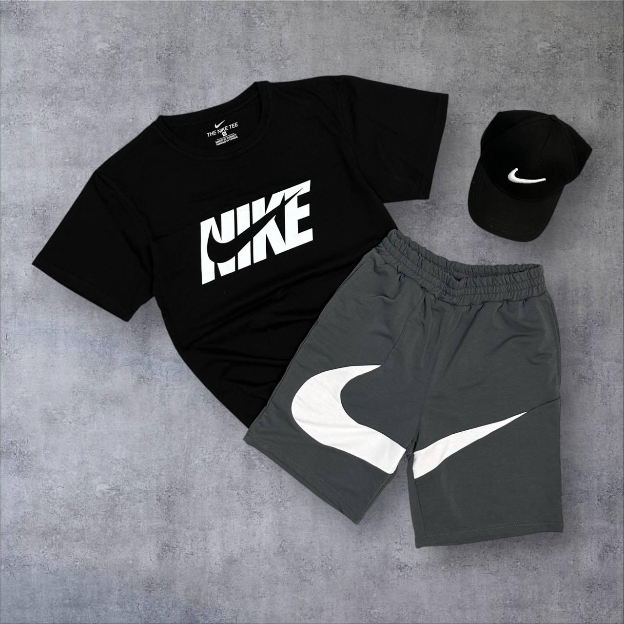 Чоловічий літній костюм Nike Футболка Шорти Кепка чорний з сірим Комплект Найк, фото 1