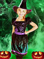 Платье детское Ведьма со шляпой на Хеллоуин размер S 4-6 лет зелено-фиолетовое
