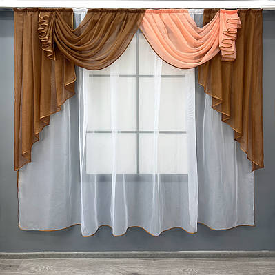 Кухонний (200х170см.) ламбрекен з тюлю. Колір коричневий з персиковим і білим. Код 093к 52-1214