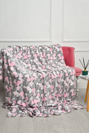Плед з мікрофібри Велсофт Сердечки сіро-рожеві 200х220 см, фото 2