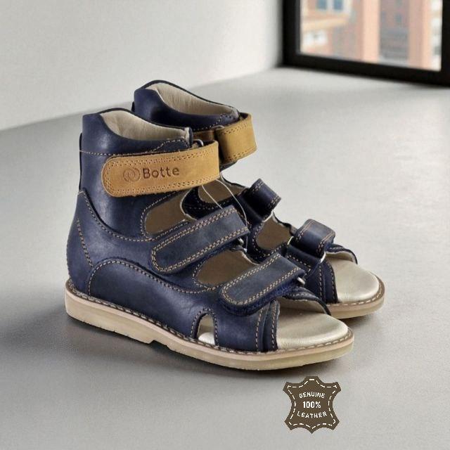 Дитячі сині шкіряні антиварусні сандалії без супінатора на липучках 26 розмір, фото 1