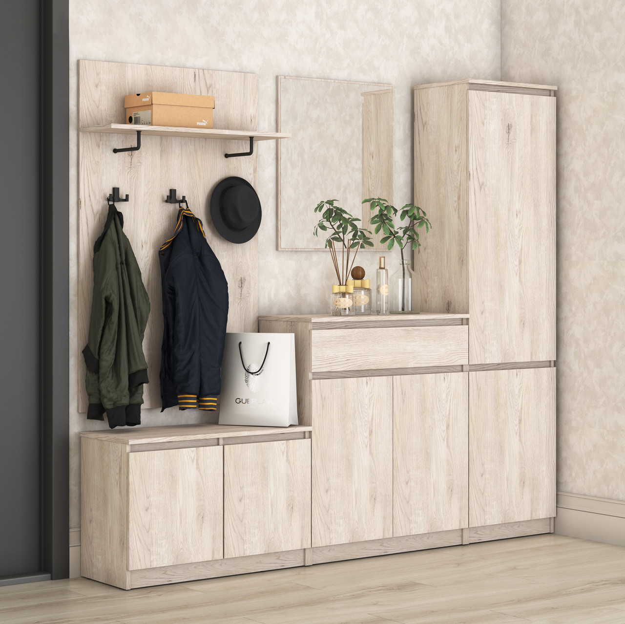 Сучасний модульний вузький передпокій 2 метри з дзеркалом тумбою для взуття вішалкою в коридор Нео Мебель Стар