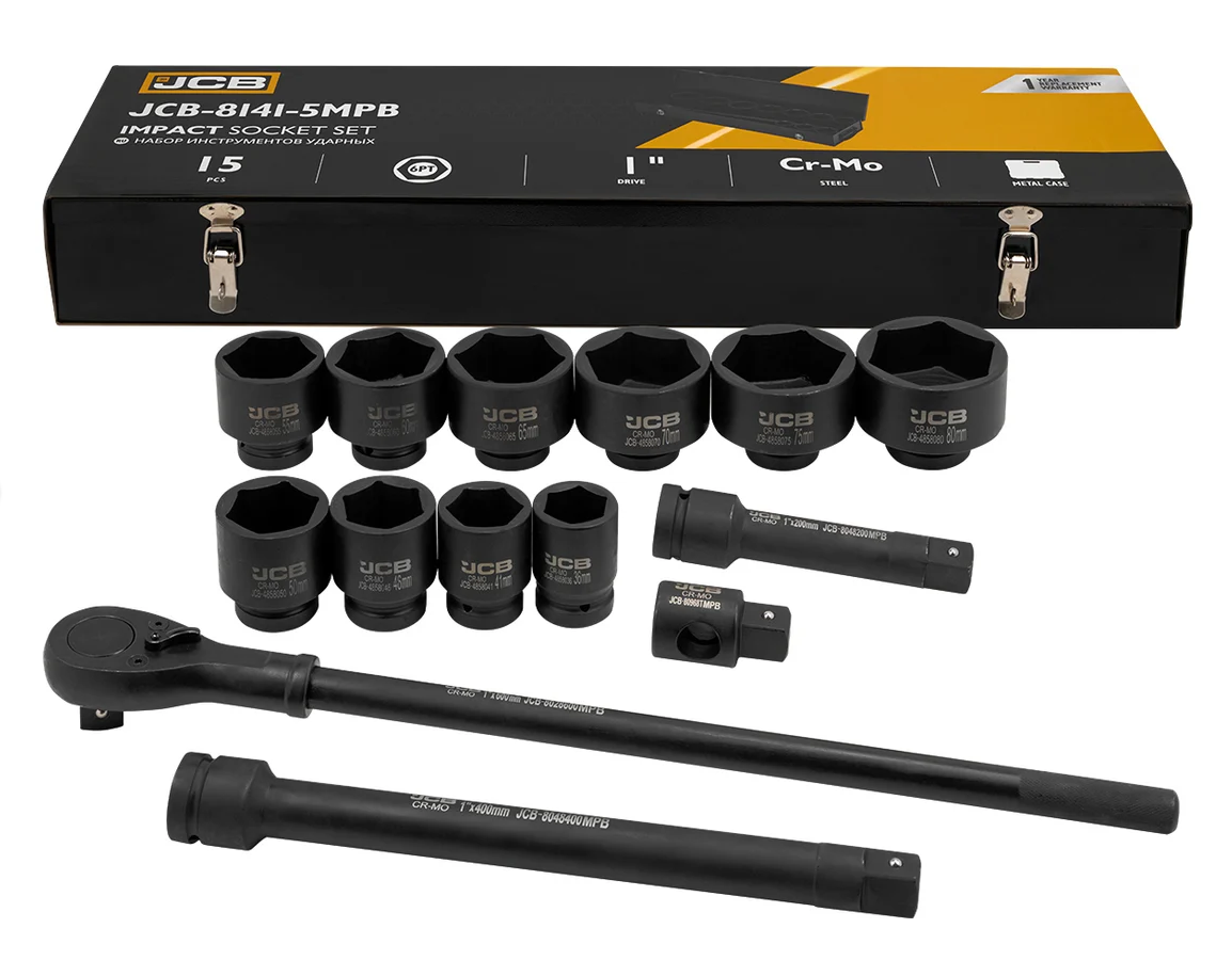 Набір інструментів ударних в металевому кейсі 15 од. 1" (6-гр.) (36-80 мм) JCB Tools JCB-8141-5MPB, фото 1