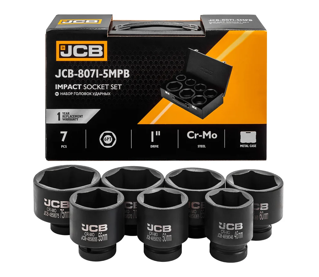 Набір головок ударних 7 од. 1" (6-гр.) (46-75 мм) JCB Tools JCB-8071-5MPB, фото 1