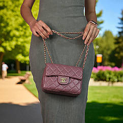 Сумка жіноча бордова класична Chanel 21см міні сумочка шанель на ланцюжку через плече