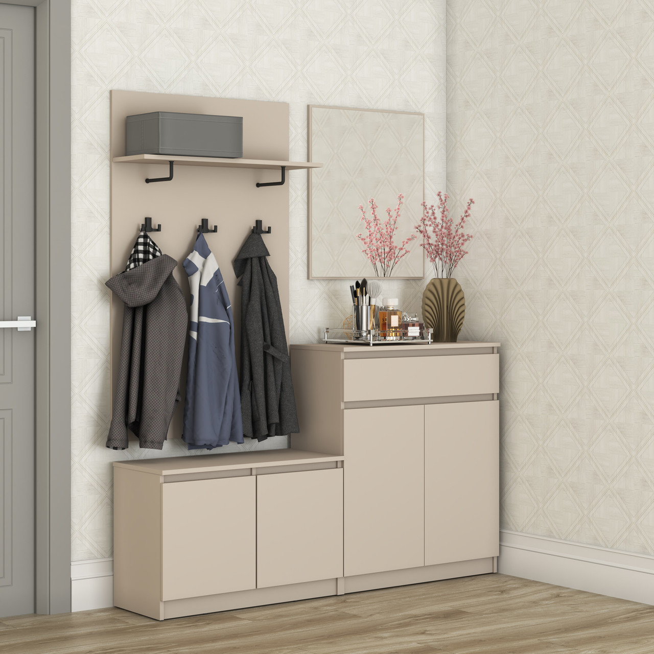 Сучасний відкритий передпокій модульний 160 см з дзеркалом вішалкою тумбою для взуття у вузький коридор Нео Мебель Стар, фото 1