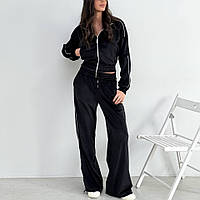 Жіночий велюровий костюм із широкими штанами та укороченою кофтою (чорний,шоколадний колір)
