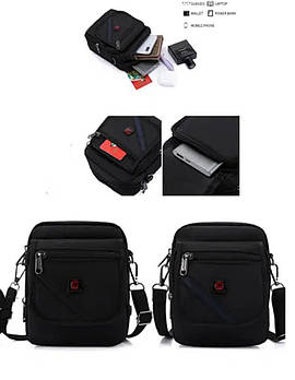 Чоловіча сумка чорна на блискавці з кишенями та довгим ремінцем 18*13 см Luna