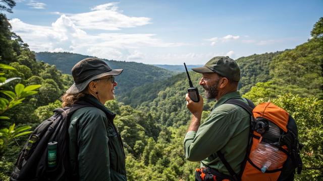 Туристи використовують аналогові рації для зв'язку під час походу в лісі.