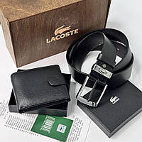 Чоловічий подарунковий набір портмоне і ремінь дерев'яній коробці Lacoste (983)
