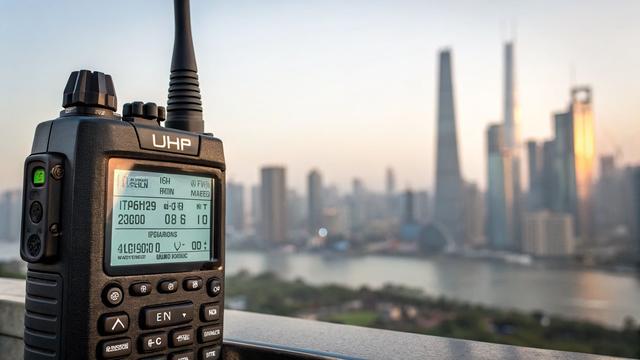 Дисплей рації з налаштуваннями частот VHF/UHF на фоні міського пейзажу