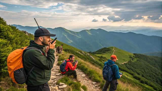 Група туристів спілкується за допомогою рацій під час походу в горах