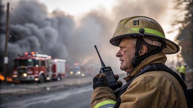 Пожежник використовує професійну рацію під час рятувальної операції