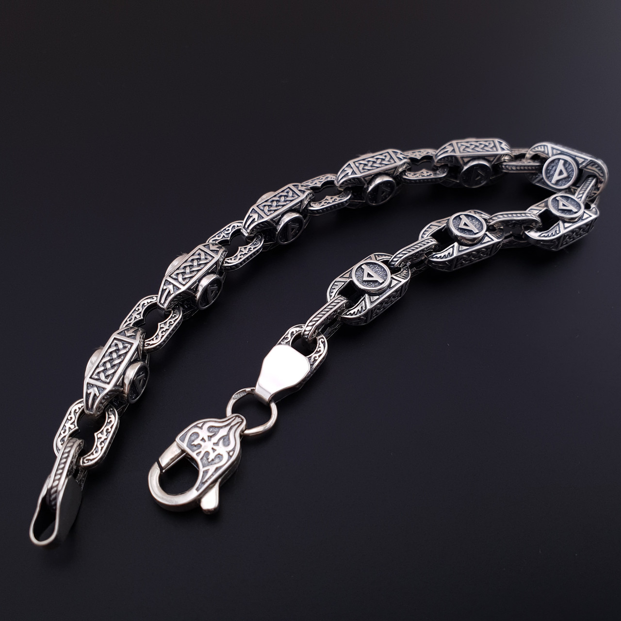 Срібний браслет чоловічий Руна 8 мм. Браслет на руку срібний чоловічий. 19 см, фото 1