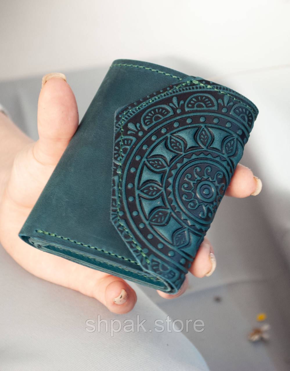 Маленький жіночий гаманець з тисненням Сонечко темно-бірюзовий, фото 1