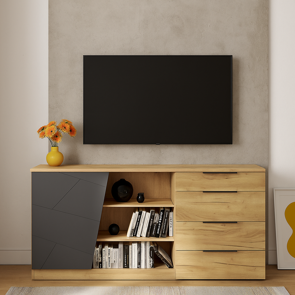 Стильний довгий комод для книг з полицями шухлядами у вітальню 170 см Вектор Мебель Сервіс