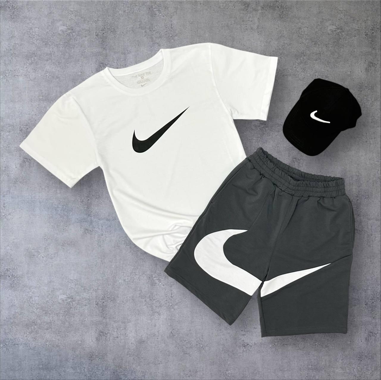 Чоловічий літній костюм Nike Футболка Шорти Кепка білий з сірим Комплект Найк, фото 1