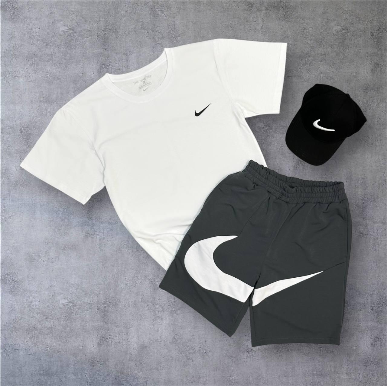 Чоловічий літній костюм Nike Футболка Шорти Кепка білий з сірим Комплект Найк, фото 1