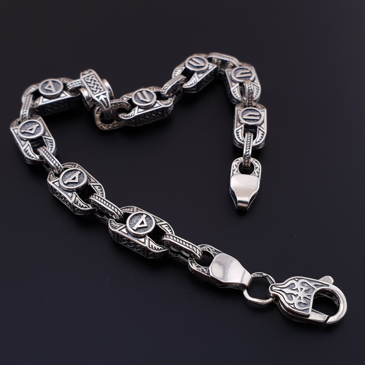 Срібний чоловічий браслет Руни 8 мм. Браслет на руку срібний чоловічий. 24 см, фото 1