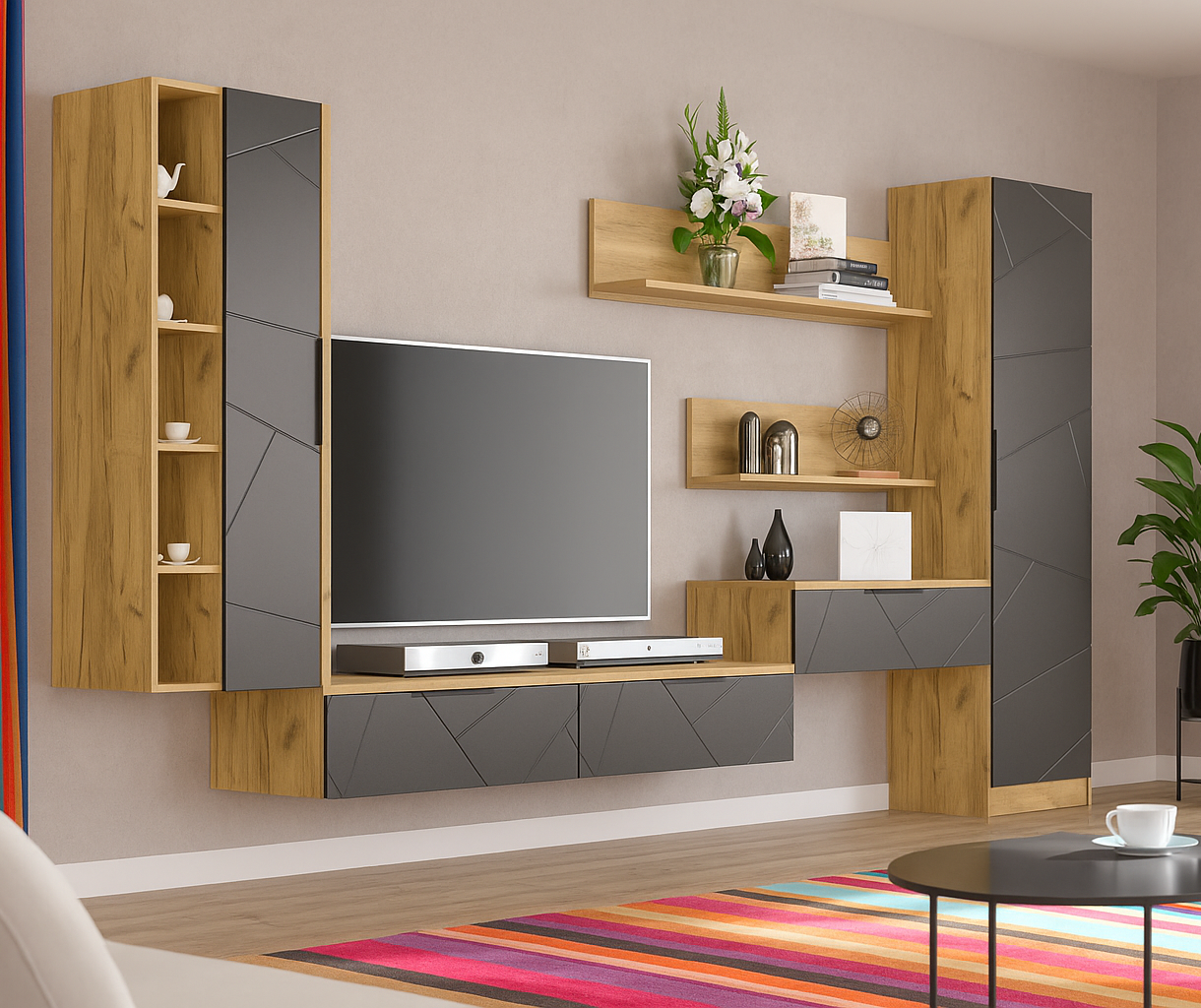 Стильна модульна навісна стінка під телевізор у вітальню зал в сучасному стилі Вектор Мебель Сервіс