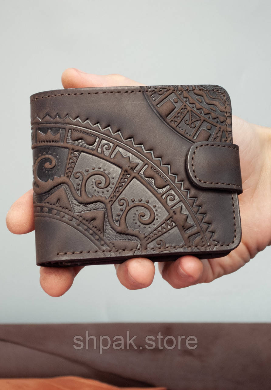 Чоловічий шкіряний гаманець коричневий з тисненням Чумацький Шлях, фото 1