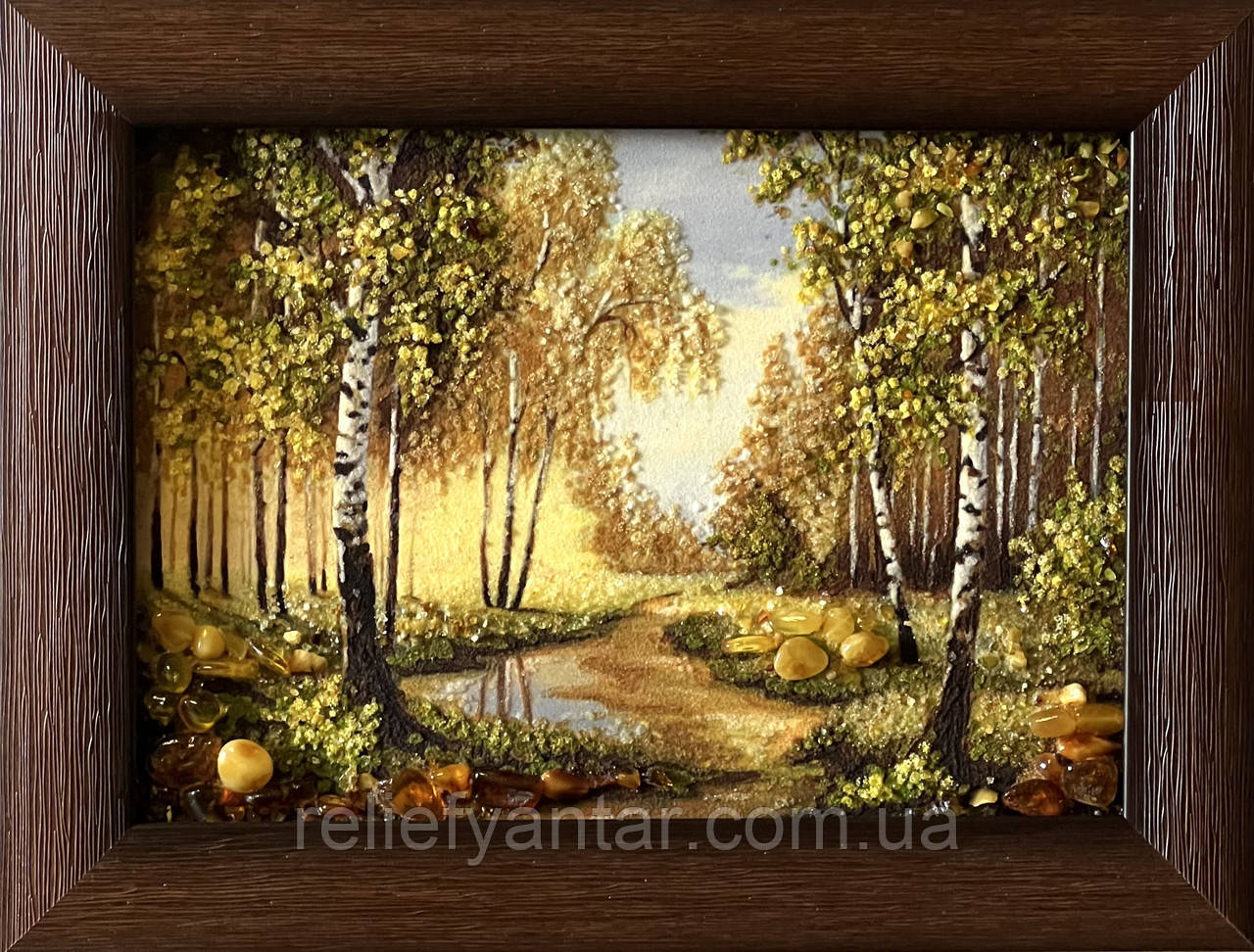 Картина з бурштину Берези,20*30 см картина, пейзаж Берези з бурштина, фото 1