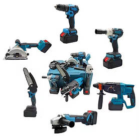 Набір електроінструментів 6в1: перфоратор, болгарка, шуруповерт, сучкоріз, гайковерт, циркулярна пилка 2xАКБ