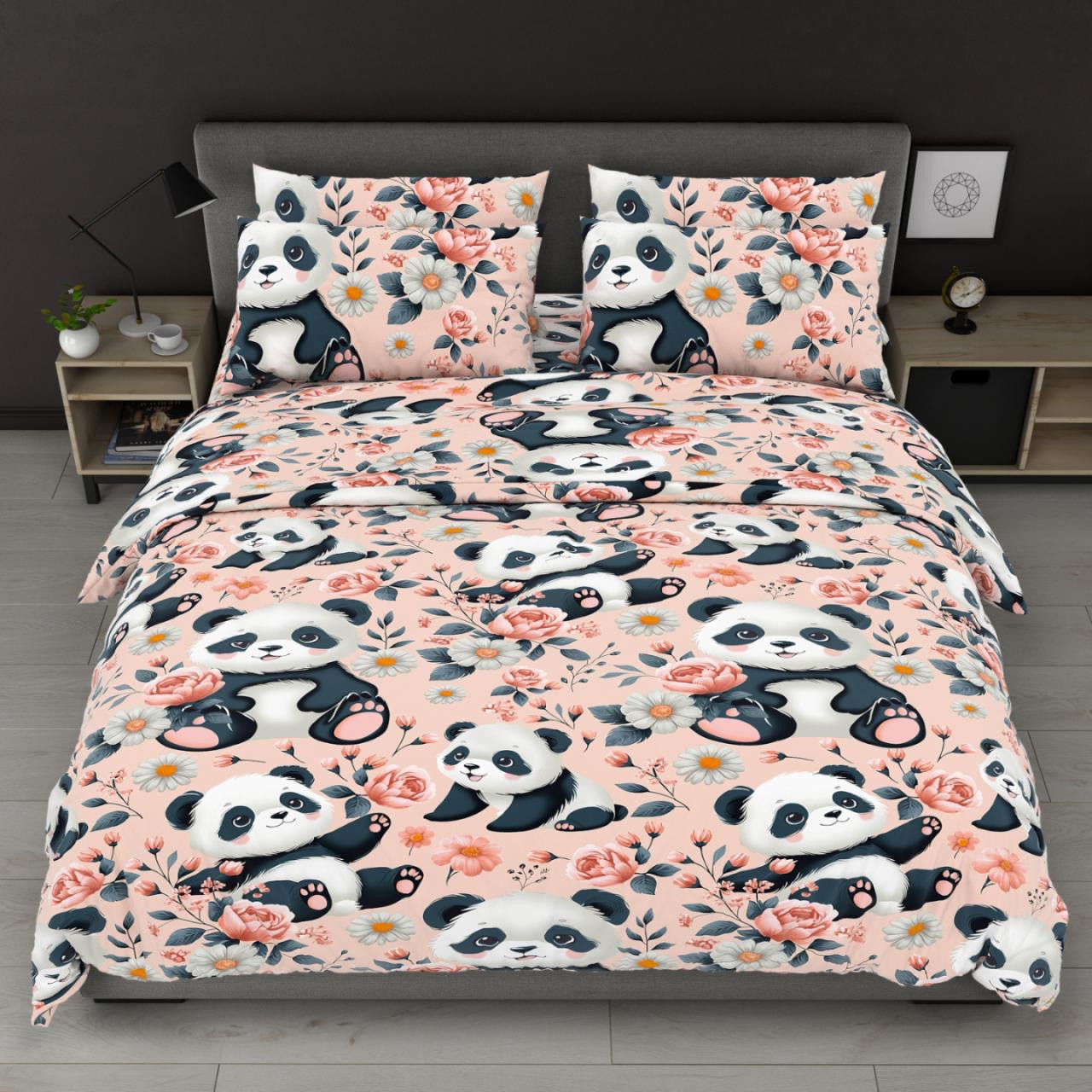 Наволочка на блискавці 70х70 (Бязь) | Від виробника "Королева Ночі" | Панди з квітами на персиковому, фото 1