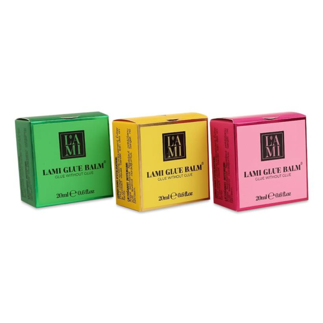 Різновиди класичних клеїв без клею ламі лашес в коробочках: рожевий клей без блею, жовтий клей без клею та зелений клей без клею
