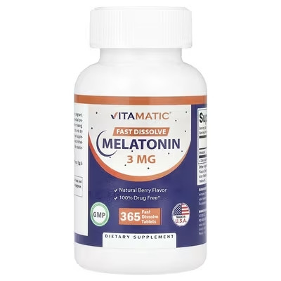 Мелатонін смак ягід 3 мг 365 швидкорозчинних таб для сну адаптоген Vitamatic USA, фото 1