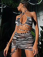 Раздельный женский купальник 3в1, Яркий женский раздельный купальник с шифоновой юбкой, Стильный пляжный комплект