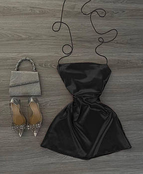 Сатинова сукня-комбінація на зав’язках з королівського атласу Чорний XS-S, M-L