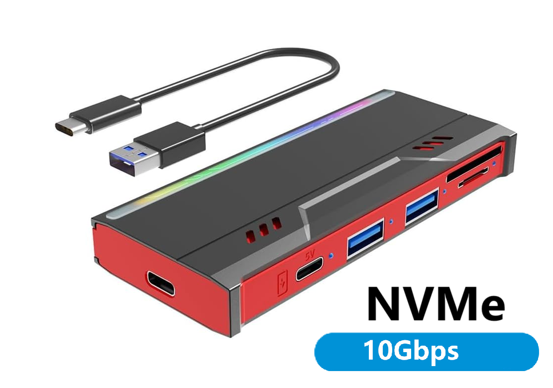 Зовнішня кишеня Flyjie A600 для NVMe (PCIe) M2 SSD USB 3.1 Type-C з USB хабом і картридером чорний з червоним, фото 1