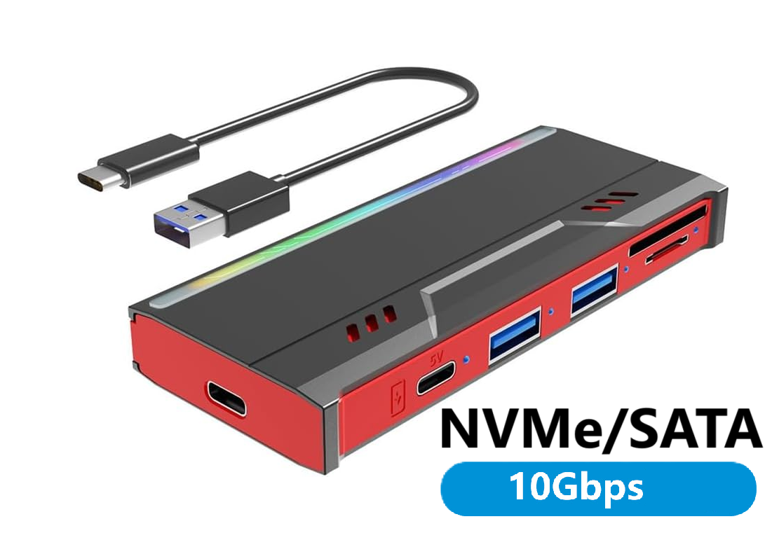Зовнішня кишеня Flyjie A600 Dual для M.2 SSD NVMe (PCIe) / NGFF (Sata) USB 3.1 Type-C з USB хабом і картридером чорний з червоним, фото 1