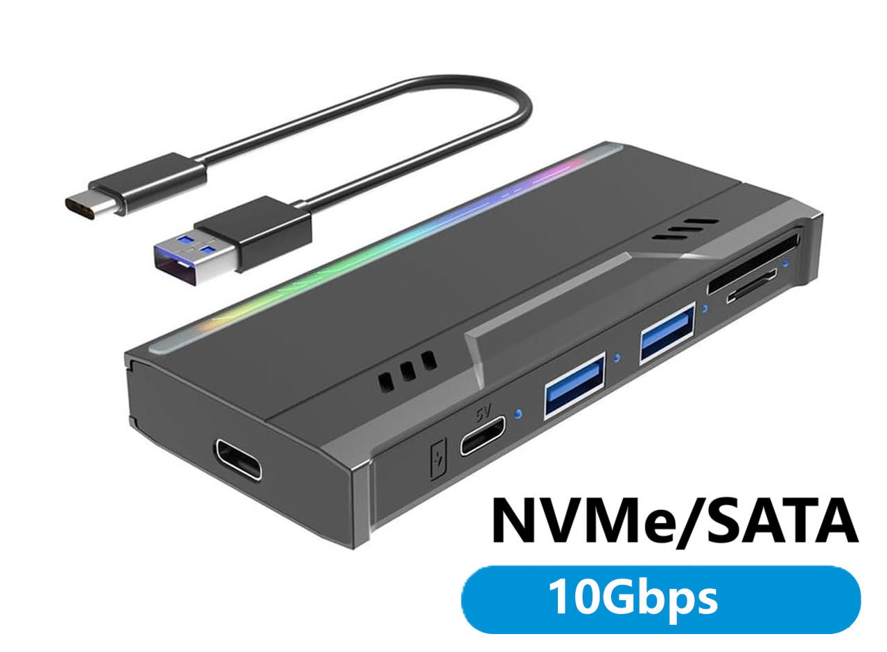 Зовнішня кишеня Flyjie A600 Dual для M.2 SSD NVMe (PCIe) / NGFF (Sata) USB 3.1 Type-C з USB хабом і картридером чорний, фото 1