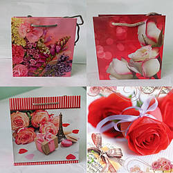 Подарунковий паперовий пакет ЧАШКА 16*16*7,6 см Рожевий букет