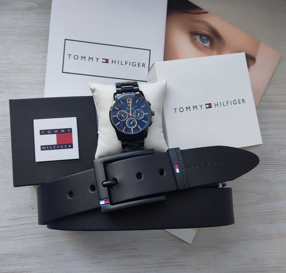 Чоловічий подарунковий набір Tommy годинник і шкіряний ремінь total black, фото 1