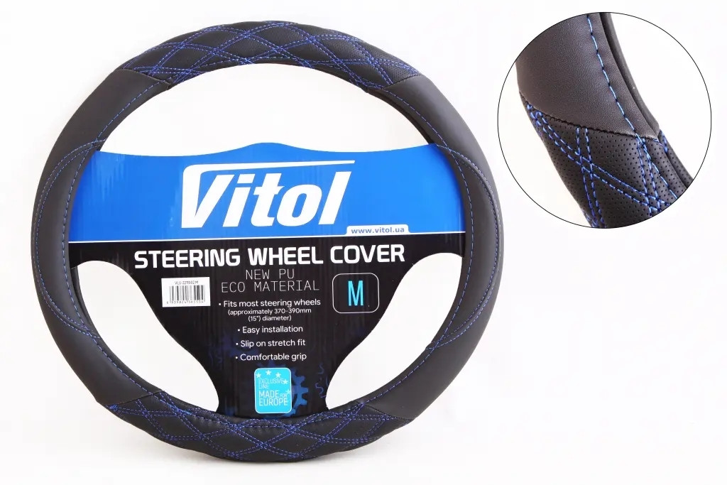 Обплетення на кермо M без запаху "Vitol" VLU-2211002 M чорний (синя нитка), фото 1