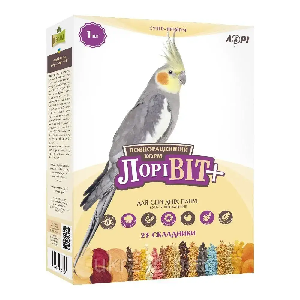 Вітамінізований корм ЛориВіт+ для середніх папуг 1 кг — збалансоване харчування для корел і нерозлучник, фото 1