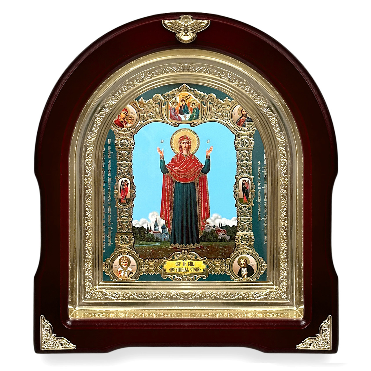 Ікона Пресвятої Богородиці Незламна стіна, лік 15х18 см, у темному дерев'яному кіоті, арка, фото 1