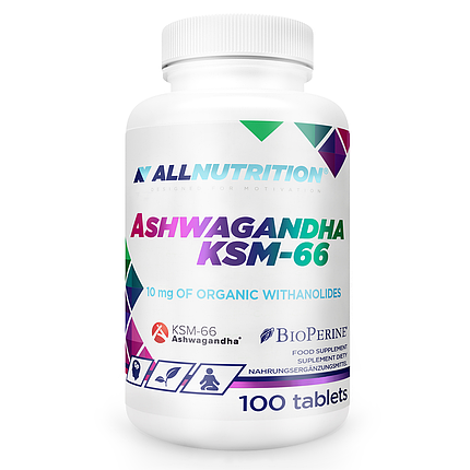 Екстракт кореня ашваганди AllNutrition Ashwagandha KSM-66 Plus BioPerine 100 таб., фото 1