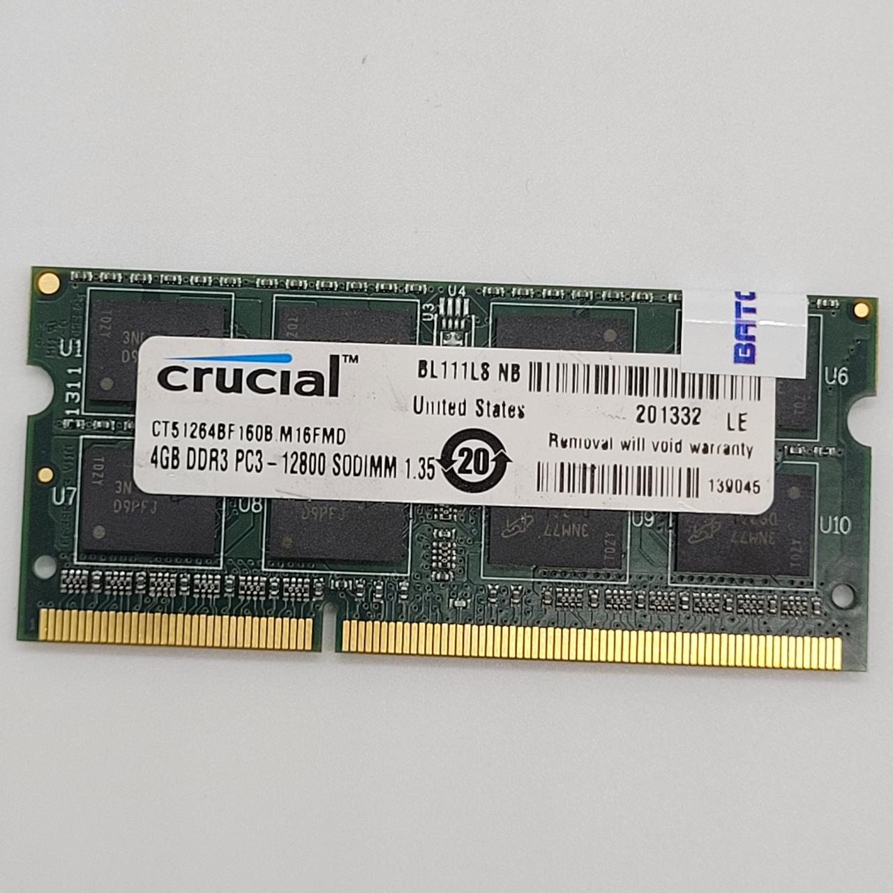 Оперативна пам'ять для ноутбука Crucial SODIMM DDR3L 4Gb 1600MHz PC3L-12800s 2R8 CL11 (CT51264BF160B.M16FMD) Б/В