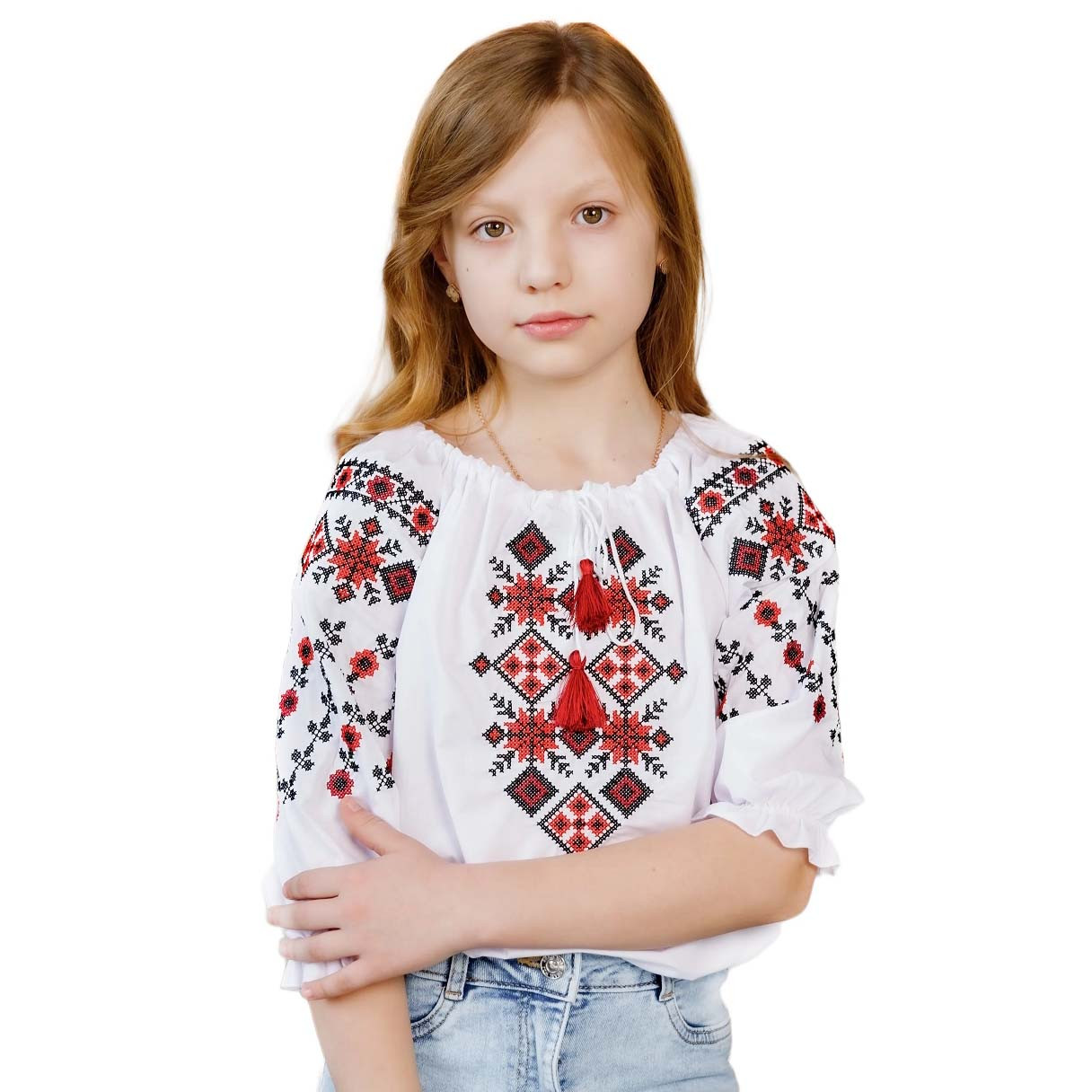Дитяча вишиванка Сіяна з червоно-чорною вишивкою, розміри 110, 134, 146