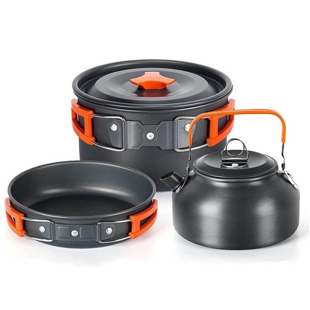 Набір посуду з чайником для кемпінгу туризму походу з анодованого алюмінію, туристична посуда 3в1 Orange, фото 1