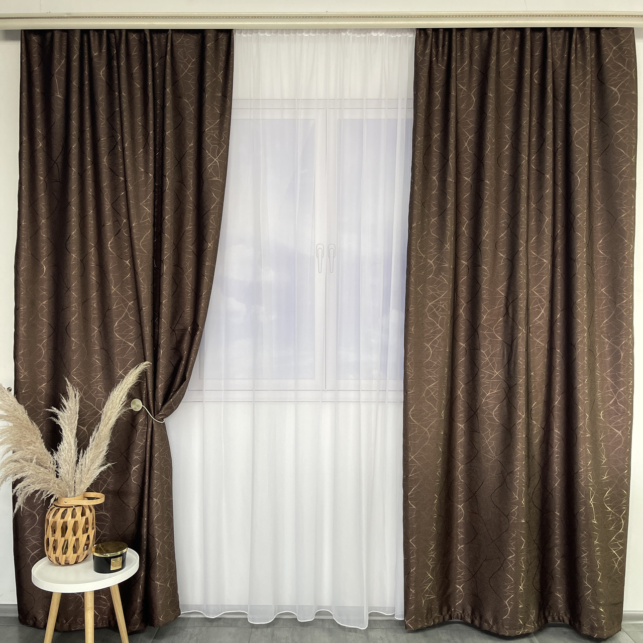 Штори лляні "бите скло" ALBO коричневі 150×270 см, комплект 2 шт. (SH-M17-1), фото 1