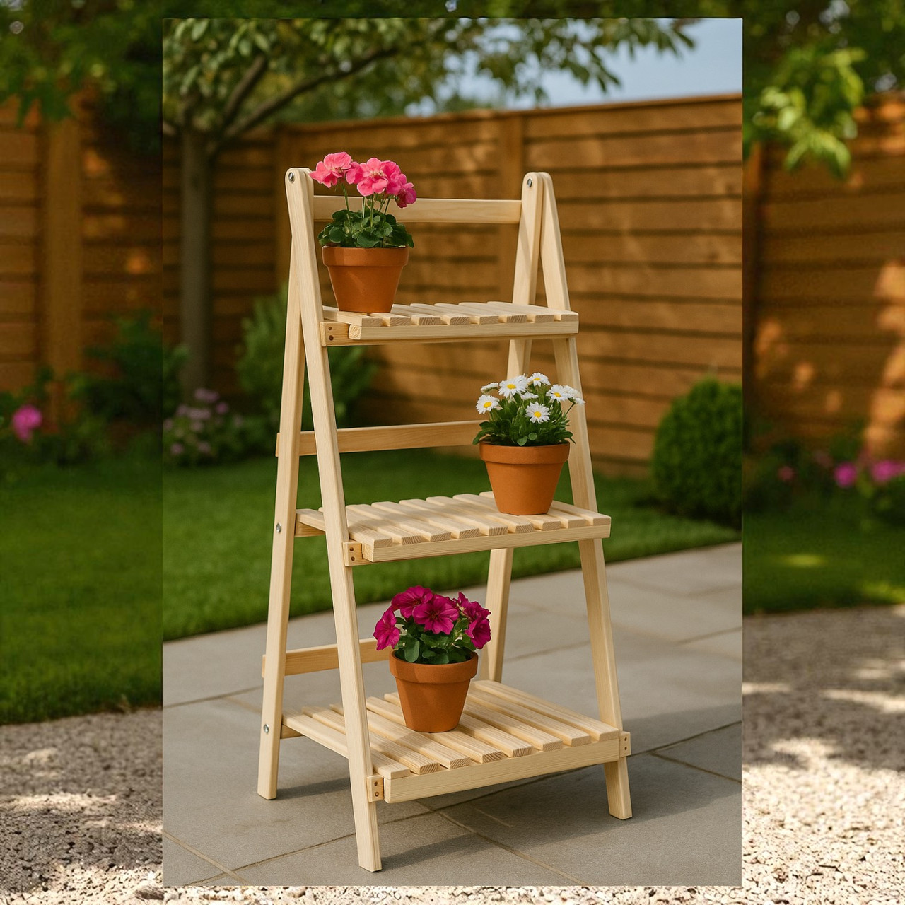 Етажерка для квітів дерев'яна для підлоги Садова багатоярусна висока підставка Вузький стелаж під квіти, фото 1