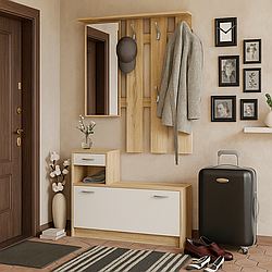 Стильний світлий маленький вузький передпокій 100 см з дзеркалом і тумбою для взуття Оріон дуб сонома Мебель Сервіс